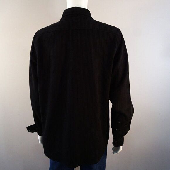 Karl Lagerfeld Men Sz L Shirt Jacket Black Ribbed Knit Snap Buttons Leather Trim - Picture 5 of 12